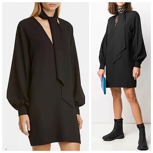 New Ganni Scarf Collar Crepe Dress in Black Size 4 - Picture 1 of 13